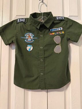 Disney Child Pilot Shirt Army Green With Patches Sz 4